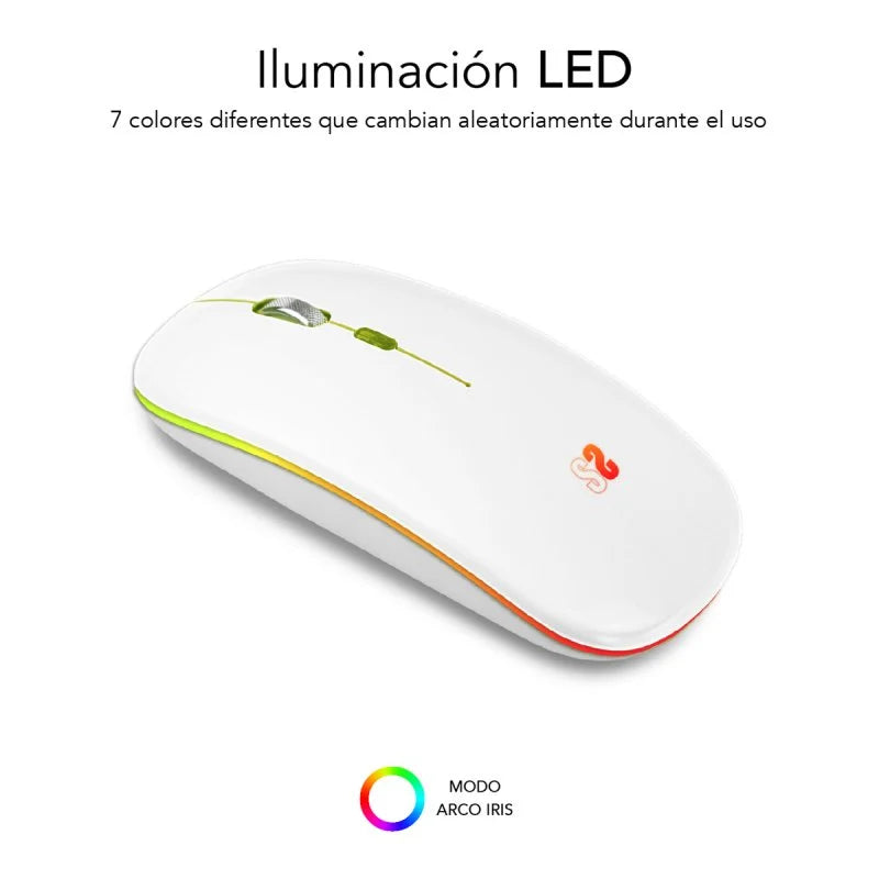 SUBBLIM - Ratón Inalámbrico Bluetooth + RF RGB LED Dual Flat Mouse White