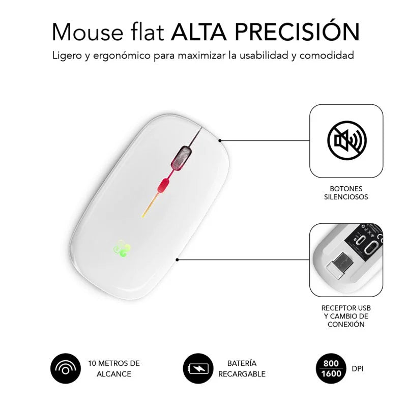 SUBBLIM - Ratón Inalámbrico Bluetooth + RF RGB LED Dual Flat Mouse White