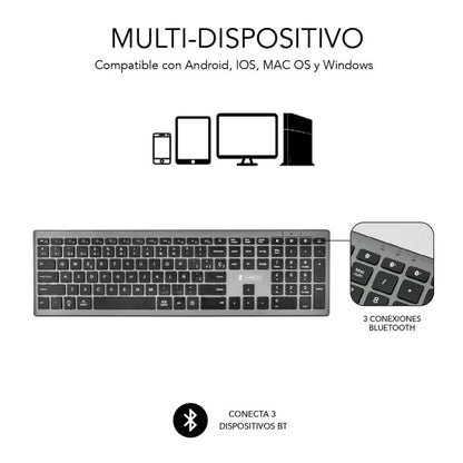 Subblim Teclado Bluetooth Pure Extended - 12.7 x 42 x 1.9 cm - Multidispositivo - Teclado numérico - Alta precisión - Color Negro/Gris 1 pieza(s)