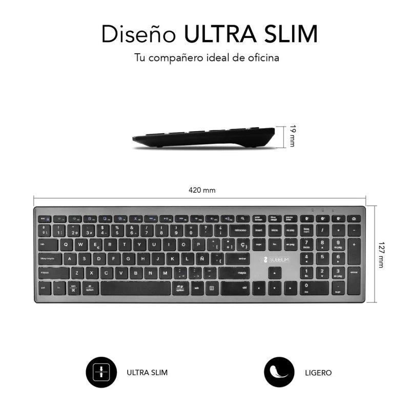 Subblim Teclado Bluetooth Pure Extended - 12.7 x 42 x 1.9 cm - Multidispositivo - Teclado numérico - Alta precisión - Color Negro/Gris 1 pieza(s)