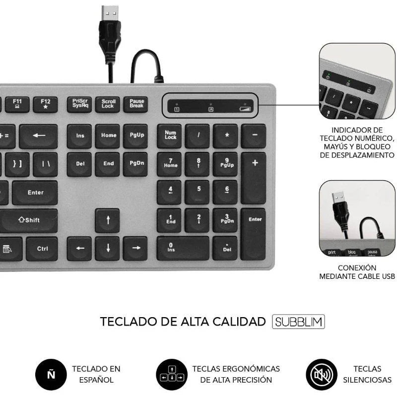 SUBBLIM - Teclado Ergonómico con cable USB Plano Silencioso Gris/Negro Ergo