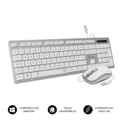 SUBBLIM - Teclado Ergonómico y ratón con cable USB Plano Silencioso Plateado/Blanco Ergo