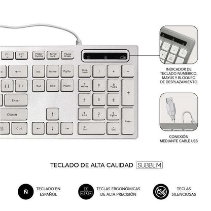 SUBBLIM - Teclado Ergonómico y ratón con cable USB Plano Silencioso Plateado/Blanco Ergo