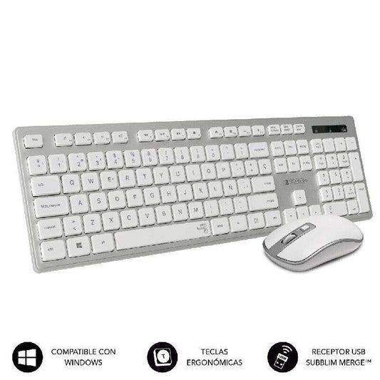 Subblim Teclado y ratón inalámbricos ERGO - Diseño ergonómico - Teclas cóncavas - Conexión USB - Ahorro de energía - Ratón de hasta 1600 DPI - Color Blanco/Gris 1 pieza(s)