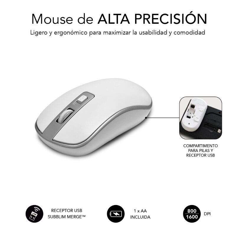 Subblim Teclado y ratón inalámbricos ERGO - Diseño ergonómico - Teclas cóncavas - Conexión USB - Ahorro de energía - Ratón de hasta 1600 DPI - Color Blanco/Gris 1 pieza(s)