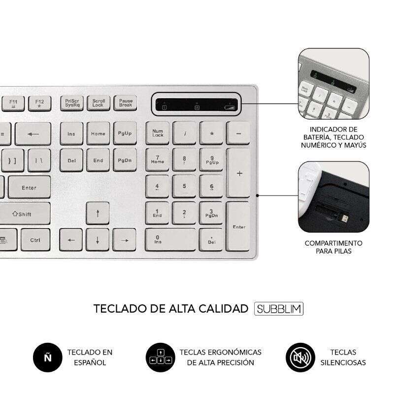 Subblim Teclado y ratón inalámbricos ERGO - Diseño ergonómico - Teclas cóncavas - Conexión USB - Ahorro de energía - Ratón de hasta 1600 DPI - Color Blanco/Gris 1 pieza(s)