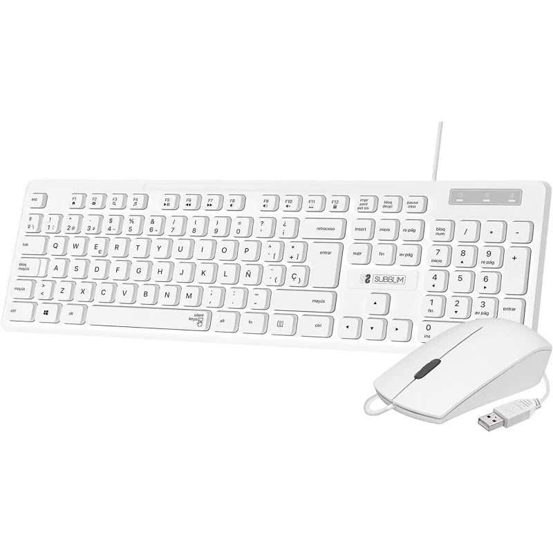 SUBBLIM - Teclado Ergonómico y ratón Combo Business Slim Silencioso con cable USB Blanco