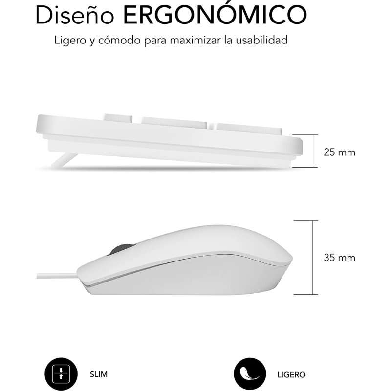 SUBBLIM - Teclado Ergonómico y ratón Combo Business Slim Silencioso con cable USB Blanco