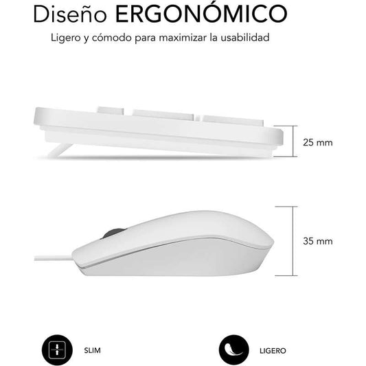 SUBBLIM - Teclado Ergonómico y ratón Combo Business Slim Silencioso con cable USB Blanco