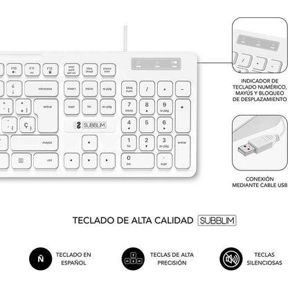 SUBBLIM - Teclado Ergonómico y ratón Combo Business Slim Silencioso con cable USB Blanco