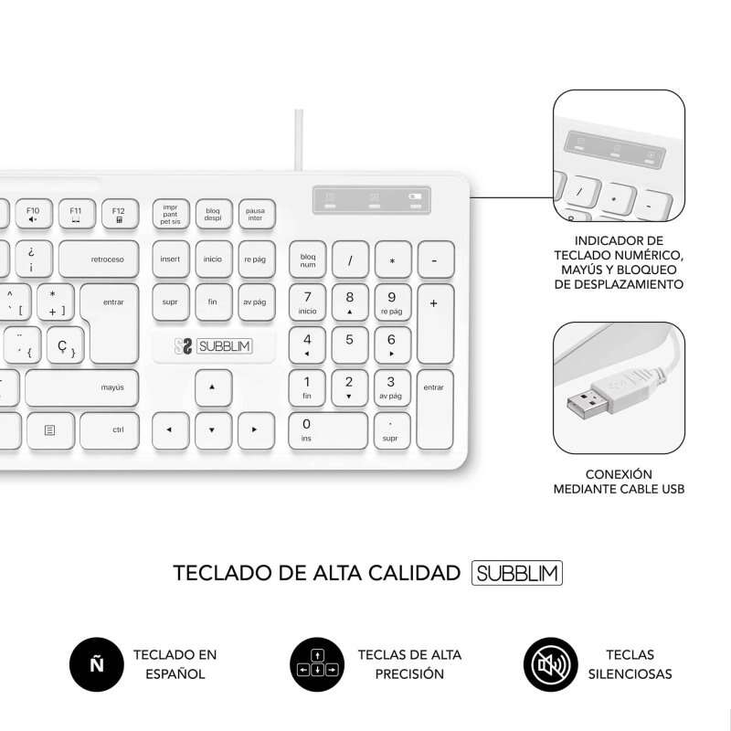 SUBBLIM - Teclado Ergonómico Business Slim Silencioso con cable USB Blanco