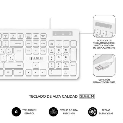 SUBBLIM - Teclado Ergonómico Business Slim Silencioso con cable USB Blanco