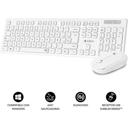 SUBBLIM - Teclado Ergonómico y ratón Combo Business Slim Silencioso Inalámbrico 2.4G Blanco