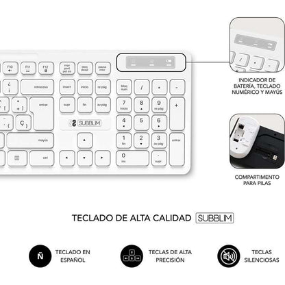 SUBBLIM - Teclado Ergonómico y ratón Combo Business Slim Silencioso Inalámbrico 2.4G Blanco