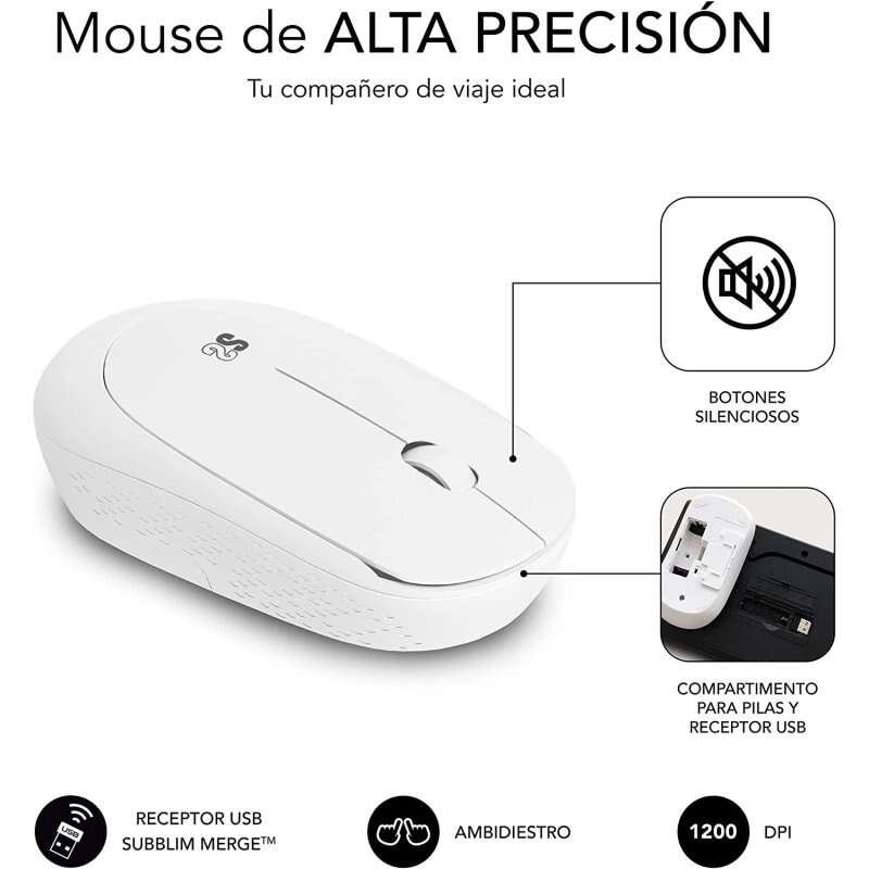 SUBBLIM - Teclado Ergonómico y ratón Combo Business Slim Silencioso Inalámbrico 2.4G Blanco