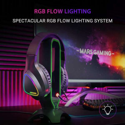 Mars Gaming Auriculares MH222 - Diseño Espectacular - Comodidad Extrema - Iluminacion RGB Flow - Sonido Hi-Fi Ultra-Bass Spatial Sound - Ultraligeros - Cancelacion de Ruido Pasiva - Compatibilidad Total Multiplataforma - Color Negro 1 pieza(s)