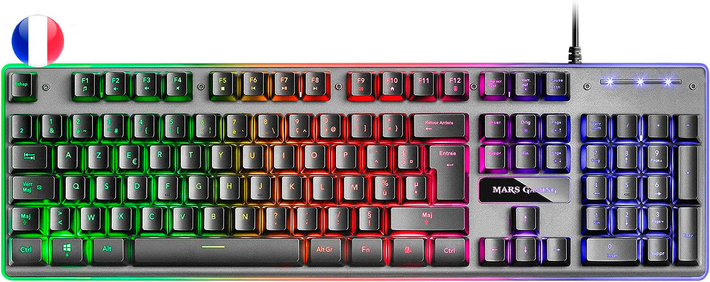 Mars Gaming Teclado Gaming MK220 - Tecnologia H-MECH - Iluminacion FRGB Rainbow - Panel de Aluminio - Base de ABS Reforzado - Diseño Completo - Material Aluminio + ABS - Longitud del Cable 150cm - Frances - Color Negro 1 pieza(s)