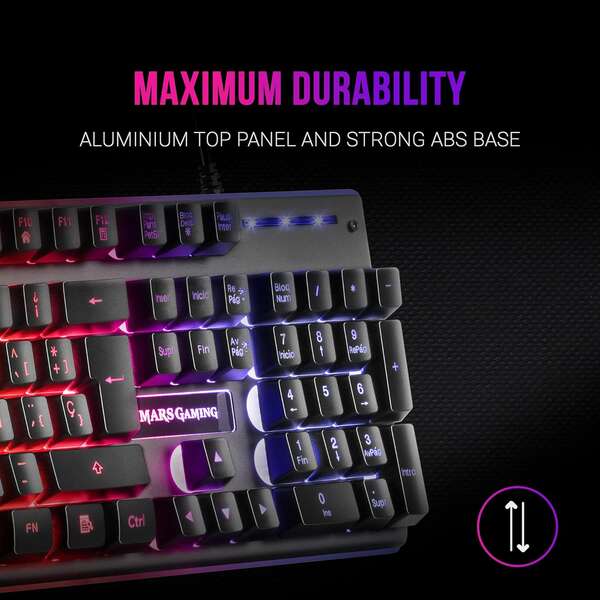 Mars Gaming Teclado Gaming MK220 - Tecnologia H-MECH - Iluminacion FRGB Rainbow - Panel de Aluminio - Base de ABS Reforzado - Diseño Completo - Material Aluminio + ABS - Longitud del Cable 150cm - Frances - Color Negro 1 pieza(s)