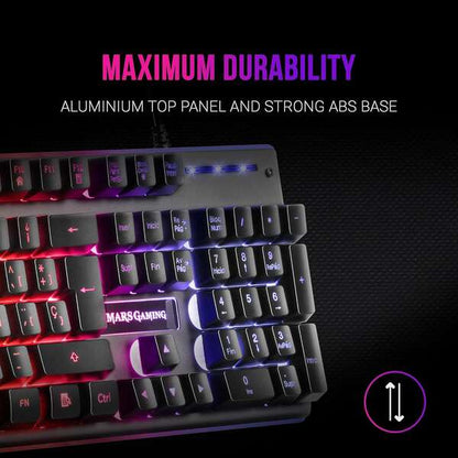 Mars Gaming Teclado Gaming MK220 - Tecnologia H-MECH - Iluminacion FRGB Rainbow - Panel de Aluminio - Base de ABS Reforzado - Diseño Completo - Material Aluminio + ABS - Longitud del Cable 150cm - Frances - Color Negro 1 pieza(s)