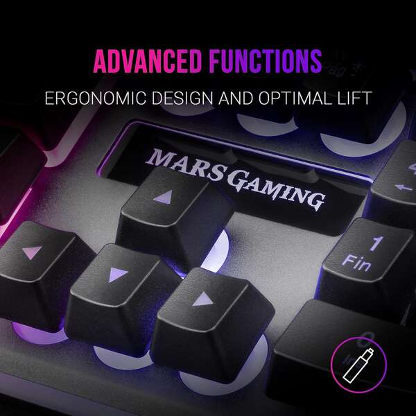 Mars Gaming Teclado Gaming MK220 - Tecnologia H-MECH - Iluminacion FRGB Rainbow - Panel de Aluminio - Base de ABS Reforzado - Diseño Completo - Material Aluminio + ABS - Longitud del Cable 150cm - Frances - Color Negro 1 pieza(s)