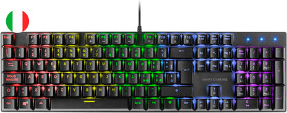 Mars Gaming Teclado Mecanico RGB MK422 - Tecnologia Antipolvo - 12 efectos de Iluminacion - Teclas imborrables - Funciones Multimedia y Modo Juego - PR de 1000Hz - Anti-Ghosting Avanzado - Compatibilidad Multiplataforma - Italiano - Color Negro 1 pieza(s)