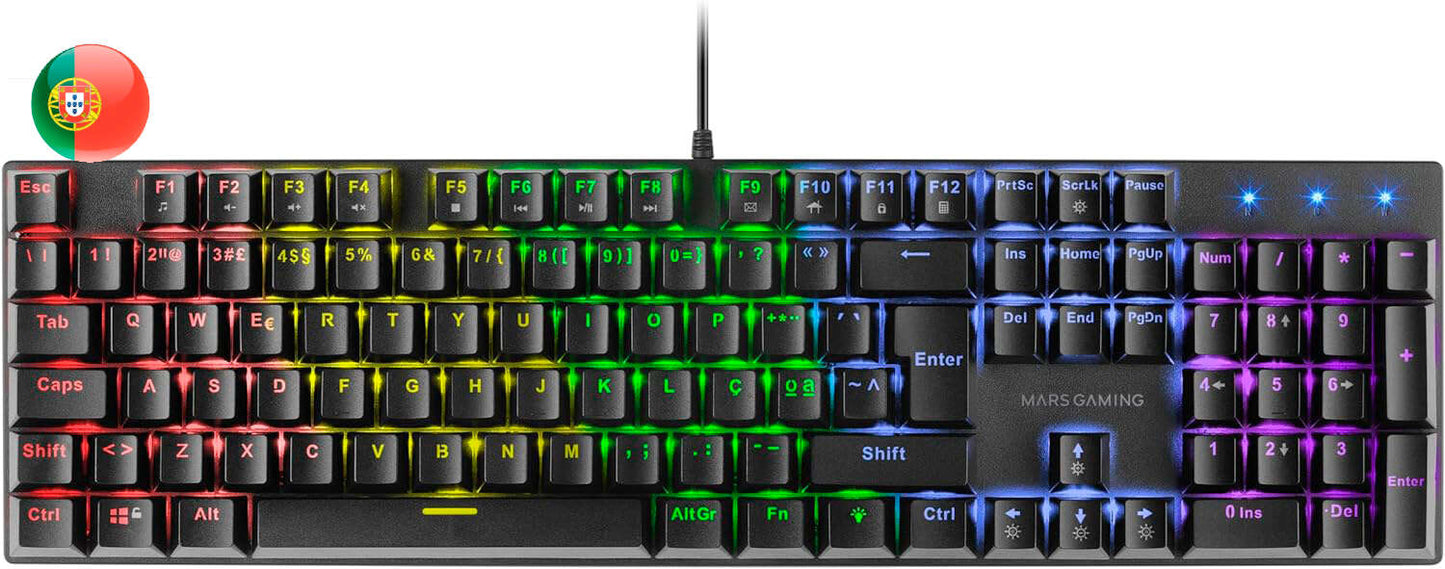 Mars Gaming Teclado Mecanico RGB MK422 - Tecnologia Antipolvo - Efectos de Iluminacion Rainbow - Teclas Ultra-resistentes - Funciones Multimedia y Modo Juego - PR de 1000Hz - Anti-Ghosting Avanzado - Compatibilidad Multiplataforma - Portugues - Color Negr