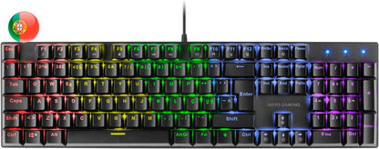 Mars Gaming Teclado Mecanico RGB MK422 - Tecnologia Antipolvo - Efectos de Iluminacion Rainbow - Teclas Ultra-resistentes - Funciones Multimedia y Modo Juego - PR de 1000Hz - Anti-Ghosting Avanzado - Compatibilidad Multiplataforma - Portugues - Color Negr