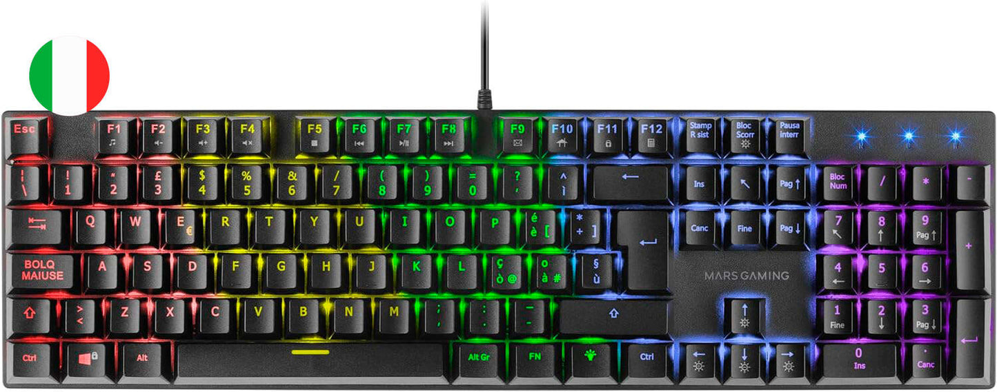 Mars Gaming Teclado Mecanico RGB MK422 - Tecnologia Antipolvo - Efectos de Iluminacion Rainbow - Teclas Ultra-resistentes - Funciones Multimedia y Modo Juego - PR de 1000Hz - Anti-Ghosting Avanzado - Compatibilidad Multiplataforma - Italiano - Color Negro