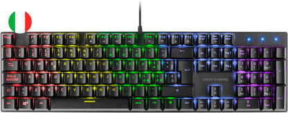 Mars Gaming Teclado Mecanico RGB MK422 - Tecnologia Antipolvo - Efectos de Iluminacion Rainbow - Teclas Ultra-resistentes - Funciones Multimedia y Modo Juego - PR de 1000Hz - Anti-Ghosting Avanzado - Compatibilidad Multiplataforma - Italiano - Color Negro