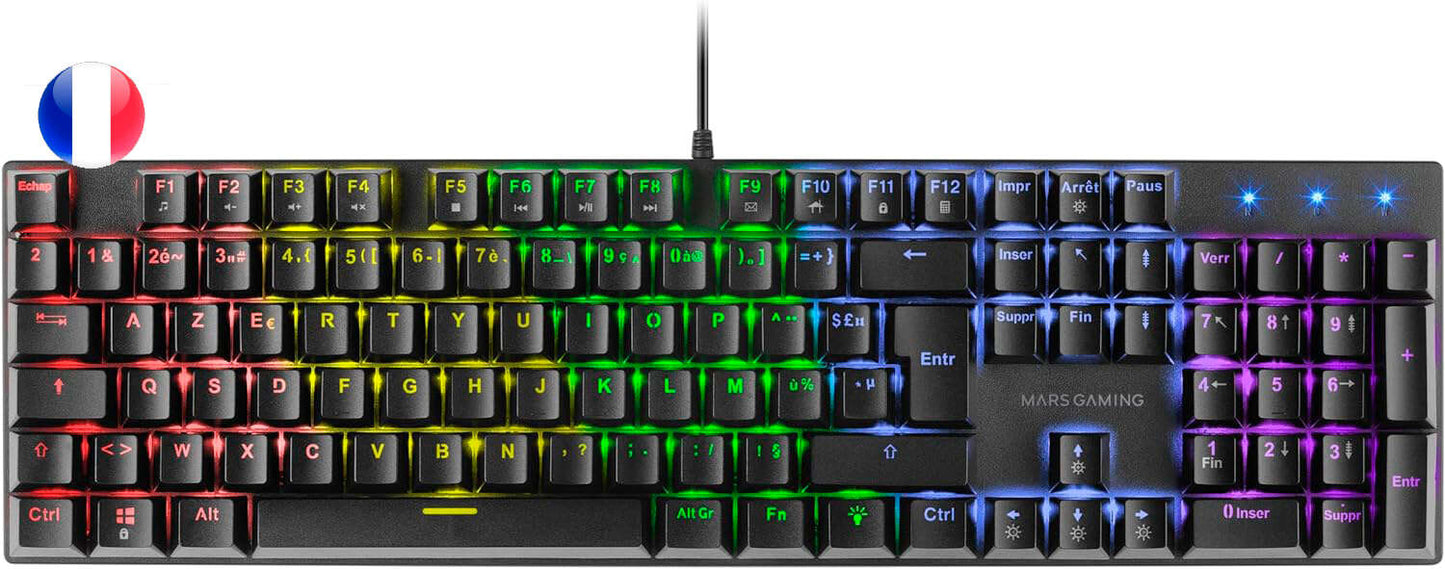 Mars Gaming Teclado Mecanico RGB MK422 - Tecnologia Antipolvo - Efectos de Iluminacion Rainbow - Teclas Ultra-resistentes - Funciones Multimedia y Modo Juego - PR de 1000Hz - Anti-Ghosting Avanzado - Compatibilidad Multiplataforma - Frances - Color Negro