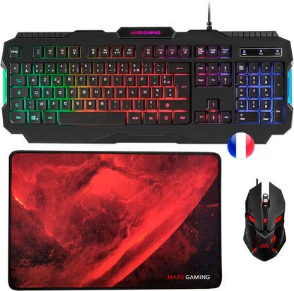 Mars Gaming Combo gaming RGB MCP118 - Teclado, Raton y Alfombrilla - Iluminacion RGB Rainbow - Prestaciones Pro-Gaming - Diseño Optimizado - Tecnologia y Precision - Calidad Profesional - Frances - Color Negro 1 pieza(s)