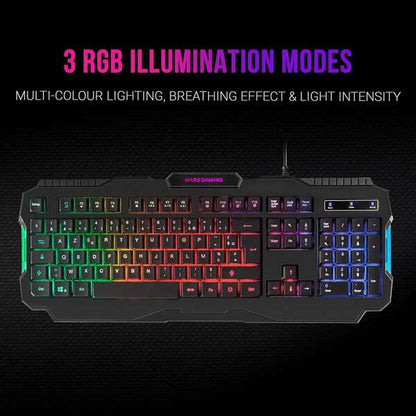 Mars Gaming Combo gaming RGB MCP118 - Teclado, Raton y Alfombrilla - Iluminacion RGB Rainbow - Prestaciones Pro-Gaming - Diseño Optimizado - Tecnologia y Precision - Calidad Profesional - Frances - Color Negro 1 pieza(s)