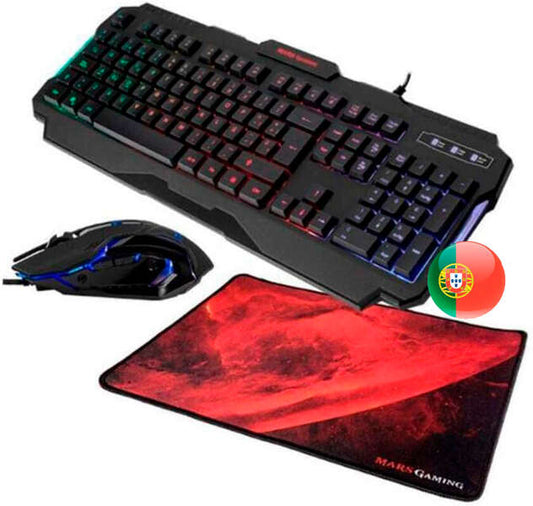 Mars Gaming Combo gaming RGB MCP118 - Teclado, Raton y Alfombrilla - Iluminacion RGB Rainbow - Prestaciones Pro-Gaming - Diseño Optimizado - Tecnologia y Precision - Calidad Profesional - Portugues - Color Negro 1 pieza(s)