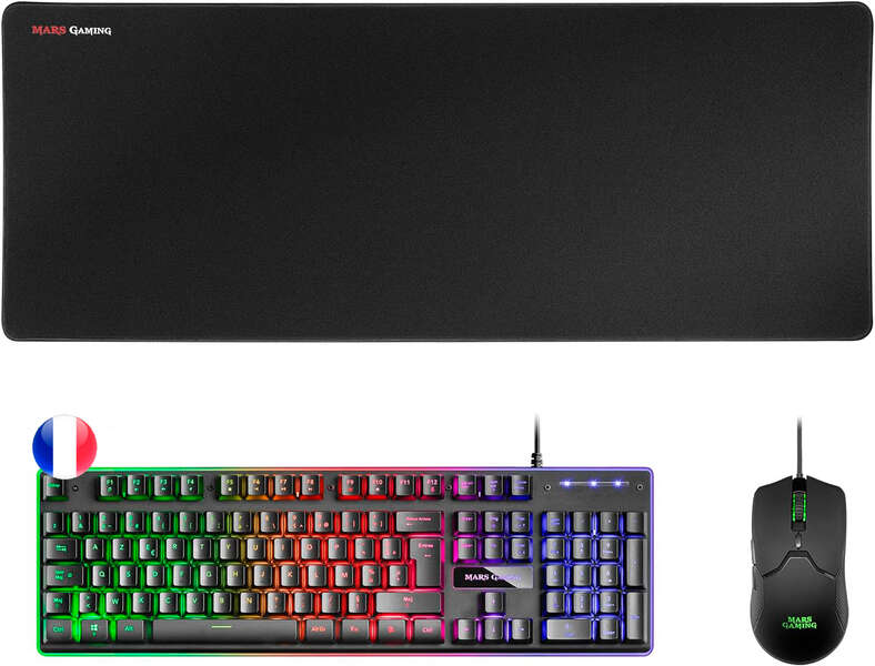 Mars Gaming Pack Premium Teclado Hibrido H-MECH - Raton Ultra Ligero 10K - Alfombrilla XXL - Compatibilidad Universal - Tecnologia H-MECH - Iluminacion FRGB Rainbow - Raton 69g con Cable Feather - Sensor Optico de 10000 DPI - Switches Mecanicos KAILH - Co