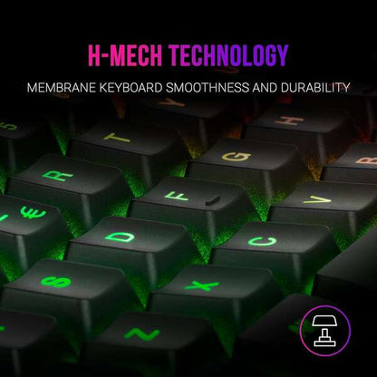 Mars Gaming Pack Premium Teclado Hibrido H-MECH - Raton Ultra Ligero 10K - Alfombrilla XXL - Compatibilidad Universal - Tecnologia H-MECH - Iluminacion FRGB Rainbow - Raton 69g con Cable Feather - Sensor Optico de 10000 DPI - Switches Mecanicos KAILH - Co