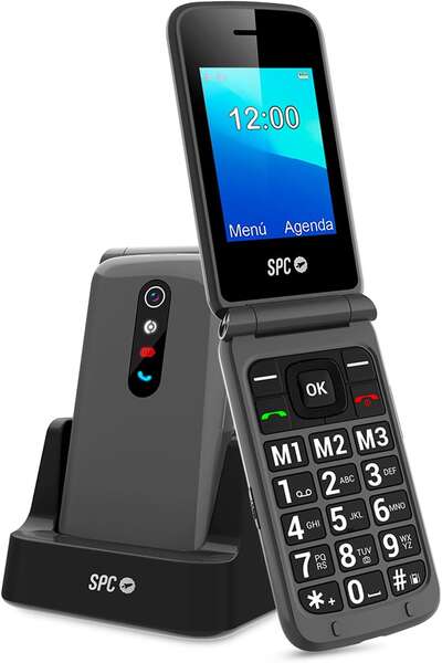 SPC Telefono Movil Boton SOS - de Tapa para Personas Mayores - Boton de Emergencias - Botones y Teclas Grandes - Ayuda Inteligente en Remoto - Acceso Directo a Tres Contactos - Base de Carga y Conector USB Tipo C - Color Titanio 1 pieza(s)