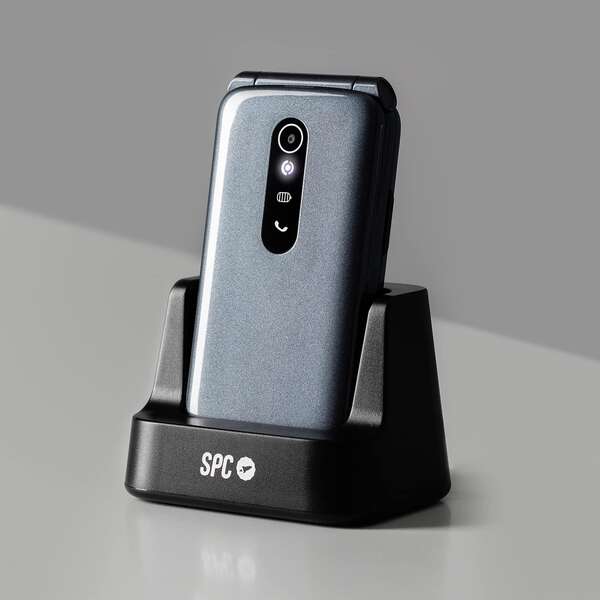 SPC Telefono Movil Boton SOS - de Tapa para Personas Mayores - Boton de Emergencias - Botones y Teclas Grandes - Ayuda Inteligente en Remoto - Acceso Directo a Tres Contactos - Base de Carga y Conector USB Tipo C - Color Titanio 1 pieza(s)