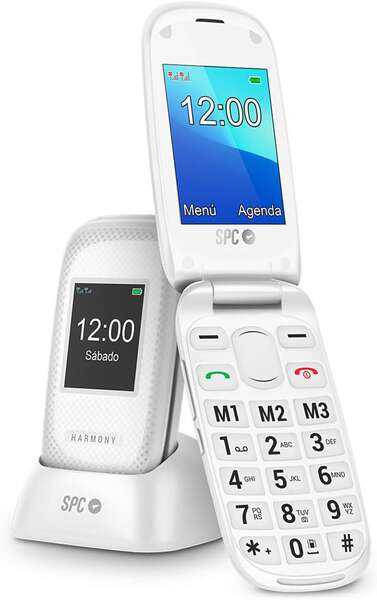 SPC Telefono Movil para Mayores con Botones Grandes - Tapa y Botones Retroiluminados - Boton SOS y Botones de Marcacion Directa - Control Remoto Mediante SMS - Doble Pantalla, Base de Carga y Conectividad - Color Blanco 1 pieza(s)