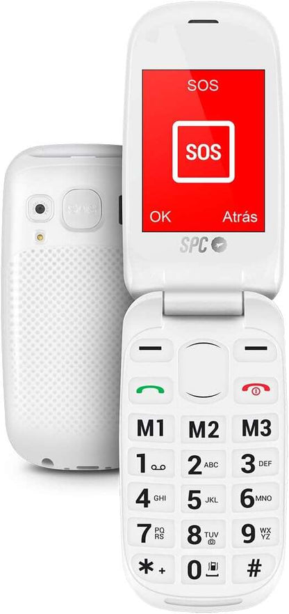 SPC Telefono Movil para Mayores con Botones Grandes - Tapa y Botones Retroiluminados - Boton SOS y Botones de Marcacion Directa - Control Remoto Mediante SMS - Doble Pantalla, Base de Carga y Conectividad - Color Blanco 1 pieza(s)