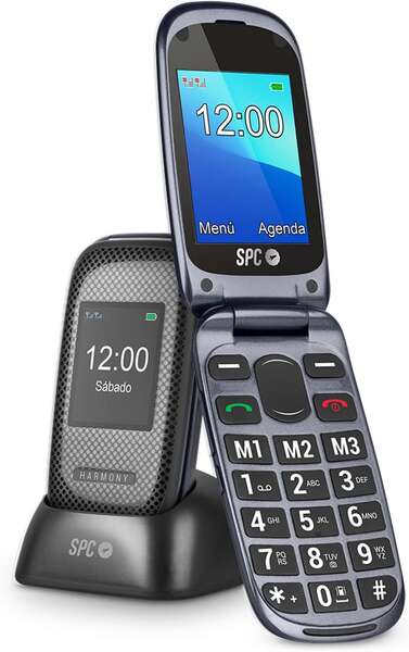 SPC Telefono Movil para Mayores con Botones Grandes - Tapa y Botones Retroiluminados - Boton SOS y Botones de Marcacion Directa - Control Remoto Mediante SMS - Doble Pantalla, Base de Carga y Conectividad - Color Negro 1 pieza(s)