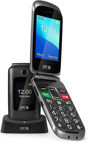 SPC Magnus Telefono Movil - Diseño de Concha - Teclas Grandes - Boton SOS - Base de Carga USB-C - Volumen de Timbre 95Db - Compatible con Audifonos - 2 Pantallas - Notificaciones Inteligentes - Llamadas Directas sin Agenda - Color Negro 1 pieza(s)