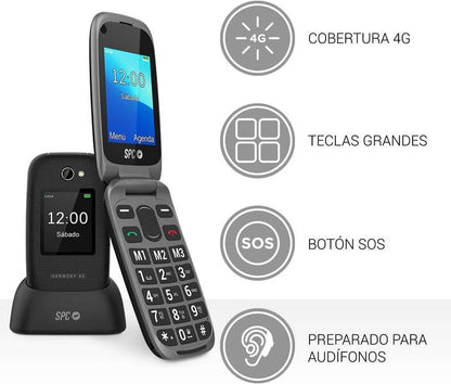 SPC Harmony 4G Telefono Movil para Mayores - Botones Grandes Retroiluminados - Volumen de Timbre de hasta 97.5Db - Compatible con Audifonos - Boton de SOS - Funcion Smart Help - Base de Carga Incluida - Color Negro 1 pieza(s)