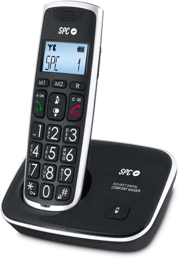 SPC Telefono Fijo Inalambrico para Mayores - Teclas y Numeros Extragrandes - Volumen de Auricular Amplificado - Agenda y 2 Memorias Directas - Identificador de Llamadas y Manos Libres - Pilas Recargables - Version Duo - Color Negro 1 pieza(s)