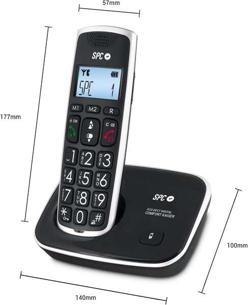 SPC Telefono Fijo Inalambrico para Mayores - Teclas y Numeros Extragrandes - Volumen de Auricular Amplificado - Agenda y 2 Memorias Directas - Identificador de Llamadas y Manos Libres - Pilas Recargables - Version Duo - Color Negro 1 pieza(s)