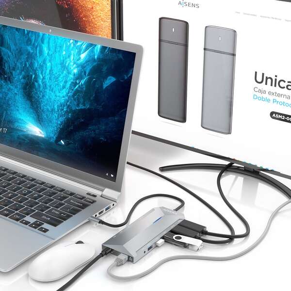 AISENS - USB-C Dock 12 En 1  USB-C A 2xHDMI  1xRJ45  3xUSB-A  2xUSB-C  1xUSB-C PD  1xAudio  1xSD  1xMicro SD  Gris  30cm