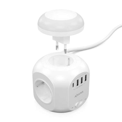 AISENS - Regleta de Enchufes Sobremesa Multifuncion con 4 Tomas + 1XUSB-C  3XUSB-A  Luz Nocturna  1.8M  Blanco