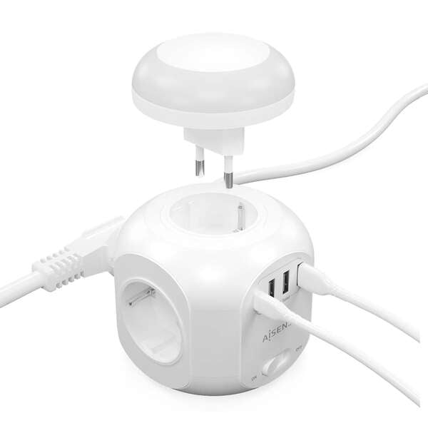 AISENS - Regleta de Enchufes Sobremesa Multifuncion con 4 Tomas + 1XUSB-C  3XUSB-A  Luz Nocturna  1.8M  Blanco