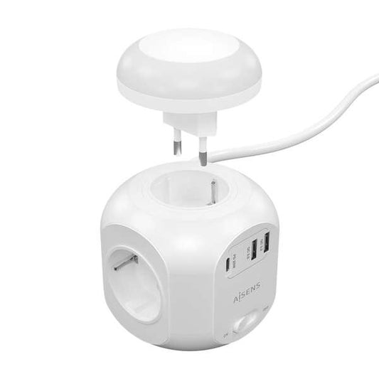 AISENS - Regleta de Enchufes Sobremesa Multifuncion con 4 Tomas + 1xUSB-C 20W PD3.0  2xUSB-A 18W QC3.0  Luz Nocturna  1.8M  Blanco