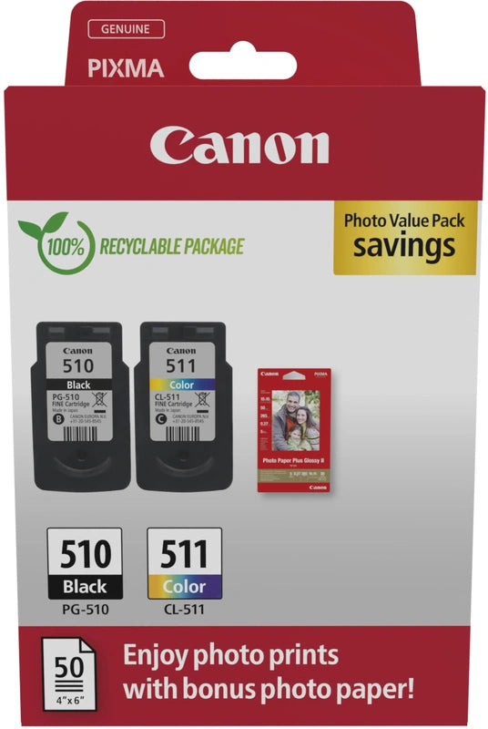 Canon PG-510/CL-511 Multipack de 2 Cartuchos de Tinta Originales + 50 Hojas de Papel Fotografico - 2970B017 Tintasmurcia.com