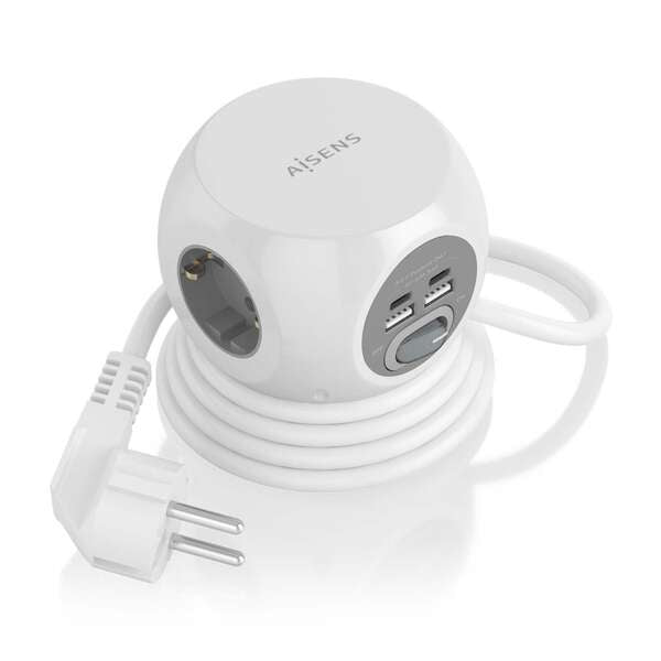 AISENS - Regleta de Enchufes Sobremesa Multifuncion con 3 Tomas + 2xUSB-C  2xUSB-A  1.4M  Blanco